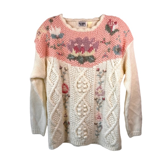 East West | Vintage Floral Cable Knit Sweater | L | Cottagecore | Embroidered - Picture 1 of 15